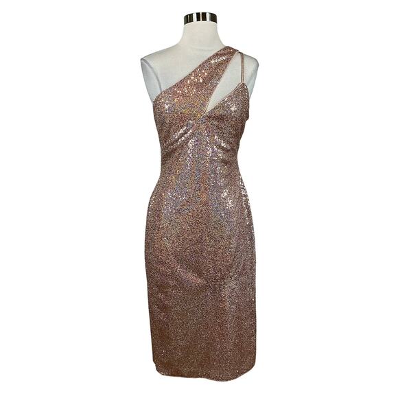 AQUA Women's Cocktail Dress Size 6 Gold Sequin One Shoulder Cut Out Midi Sheath
